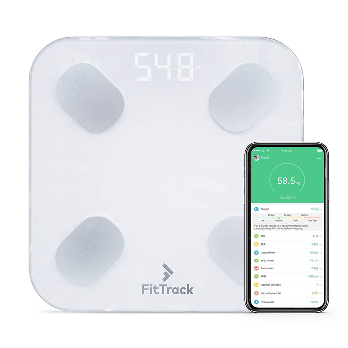 FitTrack Dara Smart BMI Digital Scale - Measure Weight and Body Fat - Most Accurate Bluetooth Glass Bathroom Scale (White)