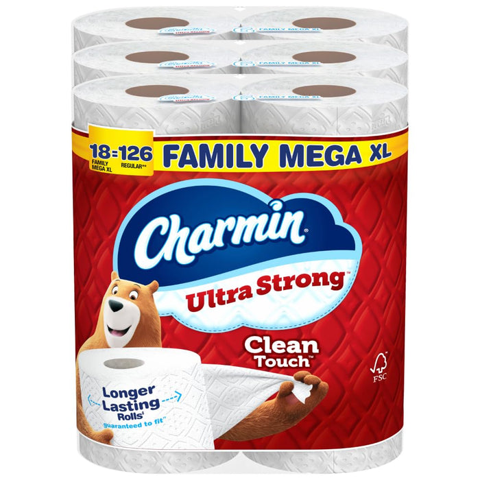 Charmin Toilet Paper Ultra Strong Clean Touch, 18 Family Mega XL Rolls = 126 Regular Rolls