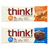 Think High Protein Bars - Creamy Peanut Butter & Chocolate Brownie, 20g Protein, 0g Sugar, No Artificial Sweeteners, Gluten Free, GMO-Free, 2.1 Ounce bars, (10 Pack) (10 Count, Variety)