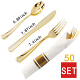 350 Pieces Gold Plastic Plates with Disposable Silverware and Cups, Include: 50 Dinner Plates 10.25”, 50 Dessert Plates 7.5”, 50 Gold Rim Cups 9 OZ, 50 Per Rolled Napkins with Cutlery