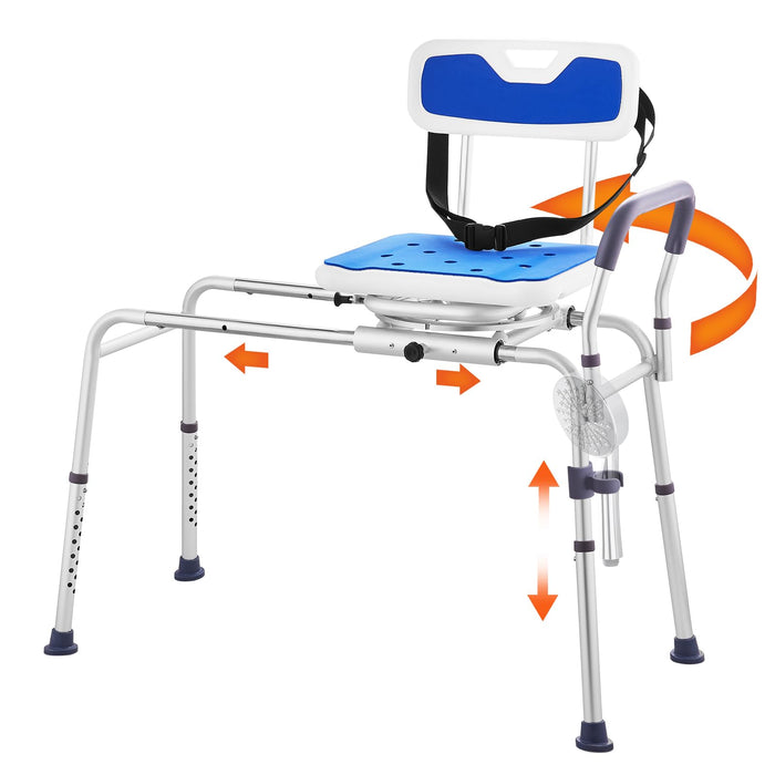 VEVOR Sliding Tub Transfer Bench with 360 Degree Swivel Seat, Height Adjustable Bathtub Transfer Bench with Armrest & Safety Belt, Non-Slip Rotating Shower Chair for Elderly Disabled, 400LBS Capacity