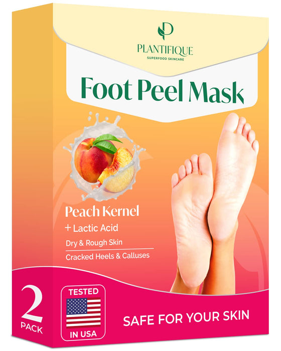 PLANTIFIQUE Foot Peeling Mask (2 Pairs) - Peeling Foot Mask Dermatologically Tested Repairs Heels & Removes Dry Dead Skin for Baby Soft Feet - Exfoliating Foot Peel Mask for Dry Cracked Feet (Peach)