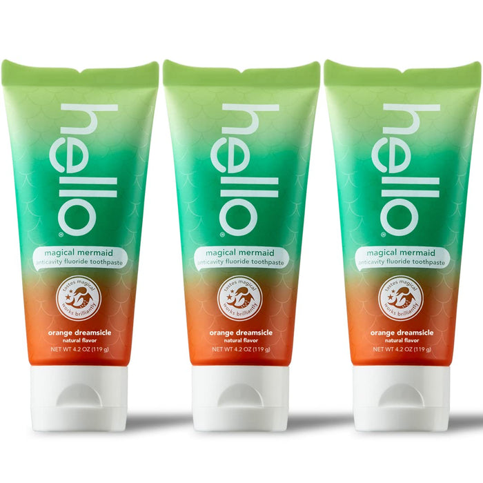 hello Mermaid Orange Dreamsicle Kids Fluoride Toothpaste, Natural Flavor, Ages 2+, No Artificial Sweeteners, No SLS, Gluten Free, Vegan,3 Pack, 4.2 oz Tubes