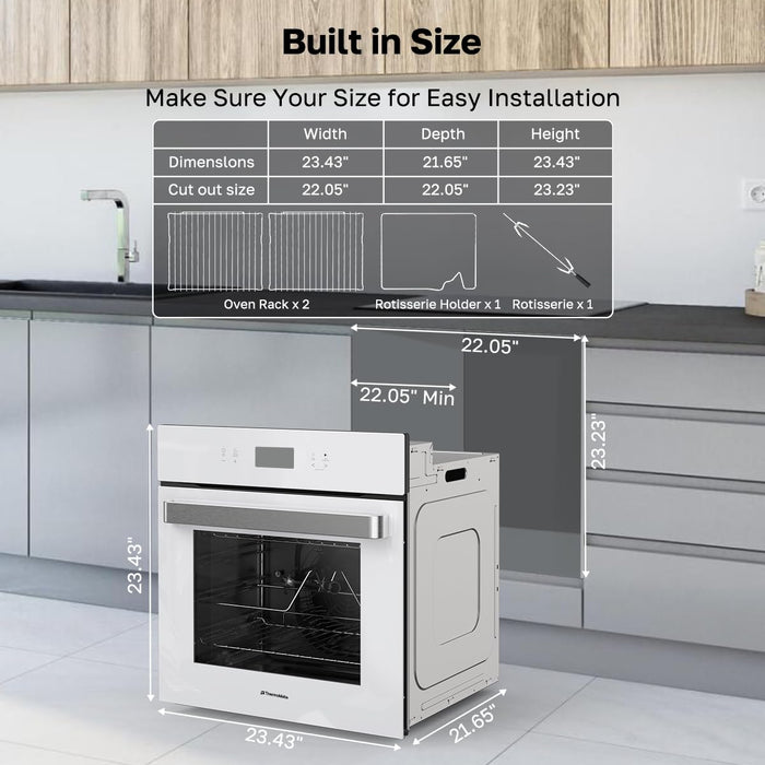 24" Wall Oven, ETL Certified, ThermoMate 2.6 Cu.Ft. Electric Wall Oven with 12 Functions, 3100W, White Built-in Convection Ovens, Sensor Touch Control, Safety Lock