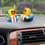 TAOHUAJIANG Rubber Ducks Trump Car Duck Dashboard Decoration Squeak Ducks Toys Car Ornaments Car Décor Accessories with Sunglasses，Defense Accessory and Gold-Plated Necklace (Style F)