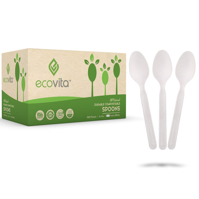 Ecovita 100% Compostable Spoons - 500 Large Disposable Utensils (6.5 in.) Bulk Size Eco Friendly Durable and Heat Resistant Alternative to Plastic Spoons with Convenient Tray