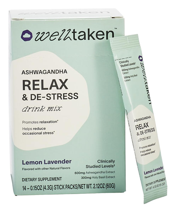 WellTaken Ashwagandha Relax & De-Stress Powder - Lemon Lavender 14ct Box - 600mg Ashwagandha, 200mg L-Theanine, Holy Basil – Supports Stress, Relaxation – Vegan, No Added Sugar - 14 Servings