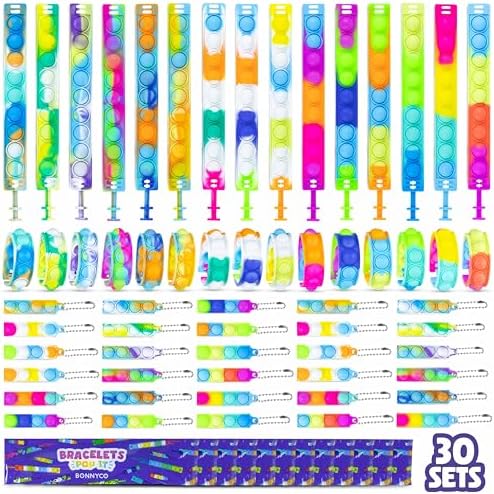 Pop It Bracelets and Keychains Kids Party Favors Pack 30 - BONNYCO | Goodie Bags Stuffers For Kids Fidget Toys Bulk, Birthday Party Favors for Kids Pinata Stuffers, Goody Bag Stuffers for Kids Pop Its