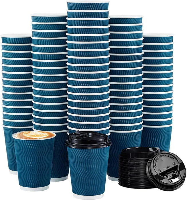 16 oz Disposable Coffee Cups with plastic Lids - Double Wall Paper Cups Set for Tea Espresso Hot and Cold Drinks Insulated Travel-Friendly Perfect for Parties Christmas Reusable - Blue 50 Pack