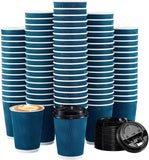 16 oz Disposable Coffee Cups with plastic Lids - Double Wall Paper Cups Set for Tea Espresso Hot and Cold Drinks Insulated Travel-Friendly Perfect for Parties Christmas Reusable - Blue 50 Pack