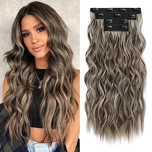 REECHO Hair Extensions, 4PCS Clip in Hair Extensions 24" Thick Long Beach Waves hair extensions HE003 Invisible Lace Weft Natural Soft Synthetic Hairpieces for Women – Ash Brown with Highlights