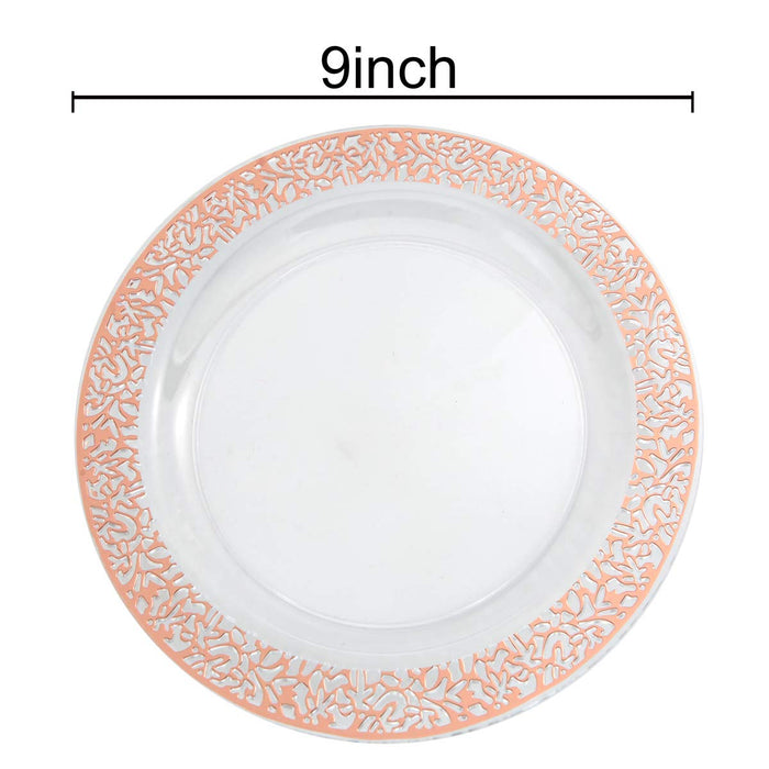 I00000 102 Pieces Rose Gold Plastic Lunch Plates, 9” Clear Disposable Dinner Plates with Rose Gold Lace Rim, Ideal for Big Parties or Wedding for Wedding & Party