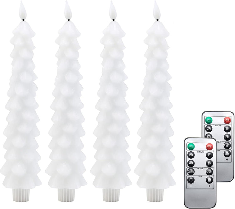 Fo32won Snowy White LED Flameless Taper Candles Battery Operated with Remote and Timer, Set of 4 Christmas Real Wax Window Candlesticks with 3D Flame Wick, 10 Inches Flickering Christmas Candlesticks