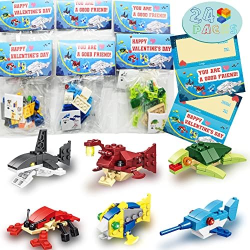 WODMAZ Valentines Day Cards with Sea Animal Building Blocks, 24 Packs Valentine Gift Ocean Building Toys Set for Kids Classroom Party Favor, Valentine Gift Exchange, Valentine's Greeting Cards