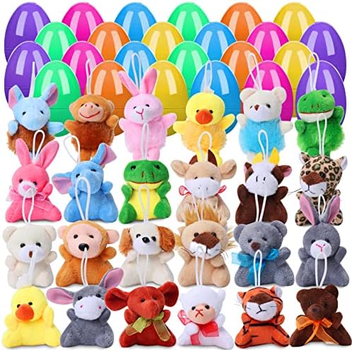 NEWBEA 24 Pcs Filled Easter Eggs with Plush Animal Toys,Plastic Easter Eggs with Toys Basket Stuffers Fillers, Classroom Prize Supplies