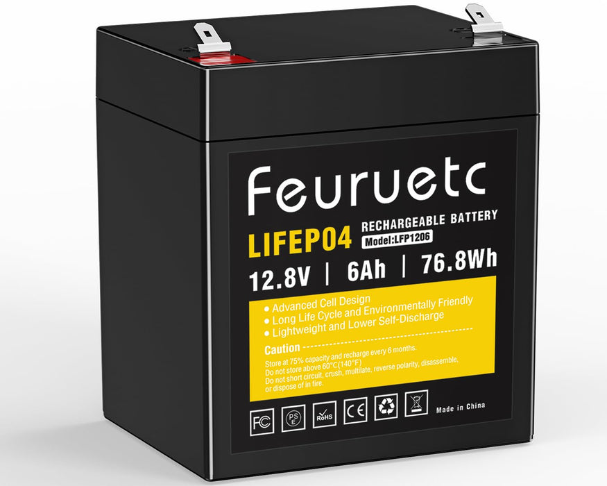 Feuruetc 12V 6Ah LiFePO4 Lithium Battery - Built-in 6A BMS, Energy Storage, 1500-5000 Rechargeable Deep Cycles, Pefect for Solar/Wind Power, Small Backup UPS, Ride on Toys,Lighting, Home Alarm System