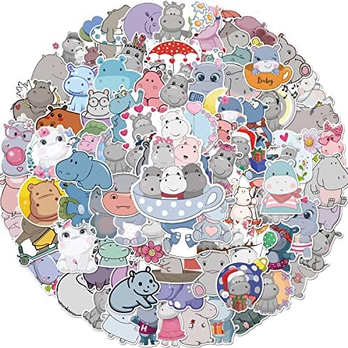 100 Pieces Hippo Stickers Cartoon Vinyl Waterproof Stickers for Laptop,Guitar,Motorcycle,Bike,Skateboard,Luggage,Phone,Hydro Flask, Gift for Kids Teen Birthday Party