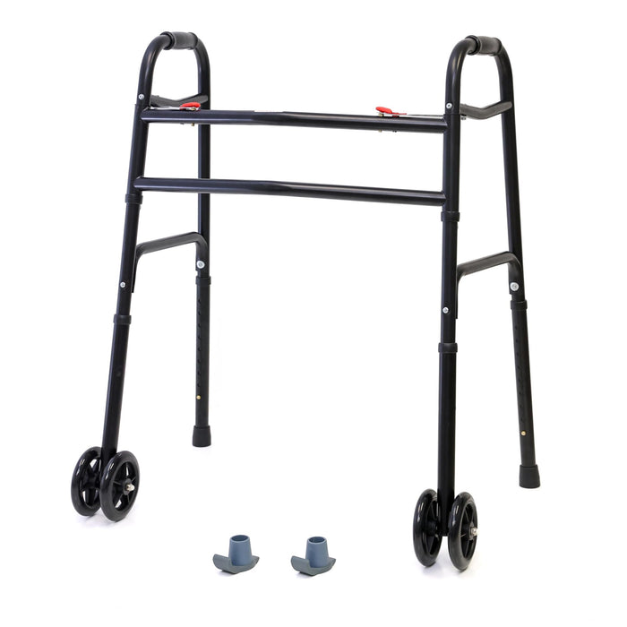 AireMed Bariatric Walker with 5" Wheels – Folding Walker Skis Glides Included - Extra Wide 600 lb Capacity - Adjustable Height - Sturdy Black Steel Frame - Ideal for Seniors and Mobility Support