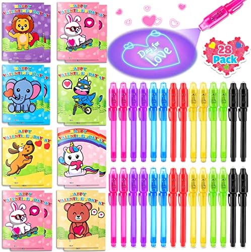 GIFTINBOX Invisible Ink Pen and Notebook, 28 Pack Valentines Party Favors Set for Kids, Valentines Gift for Kids Classroom, Spy Pen UV Light Classroom Prize Exchange Gift Party Favors for Boys Girls