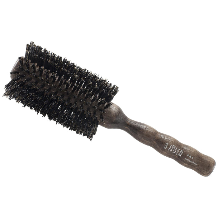 IBIZA HAIR Professional Boar Hair Round Brush (H4, 65mm) Hybrid Uniform Boar/Nylon Bristles & Hardwood Handle, Create Beachy Waves & Curls, For Course or Frizzy Hair, Add Texture & Shine