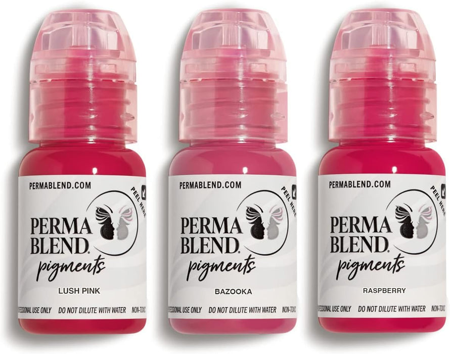 PERMA BLEND Pink Lip Set - Tattoo Ink Set for Permanent Makeup - Microblading Pigment & Tattoo Supplies for Lip Makeup - Includes Raspberry, Lush & Bazooka Pink Lip Blush - Vegan (0.5 oz Each)