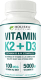 Max Absorption Vitamin K2 + D3 (5000IU) 90 Veggie Capsules from MK-7 (Menaquinone-7) and Cholecalciferol (with BioPerine) 3-Months Supply – D3 with K2 for Healthy Heart and Strong Bones | Non-GMO