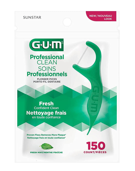 GUM Professional Clean Floss Picks - Extra Strong Shred-Resistant Floss, Easy Grip Handle - Dental Flossers for Adults - Fresh Mint Flavor, 150ct (4pk)