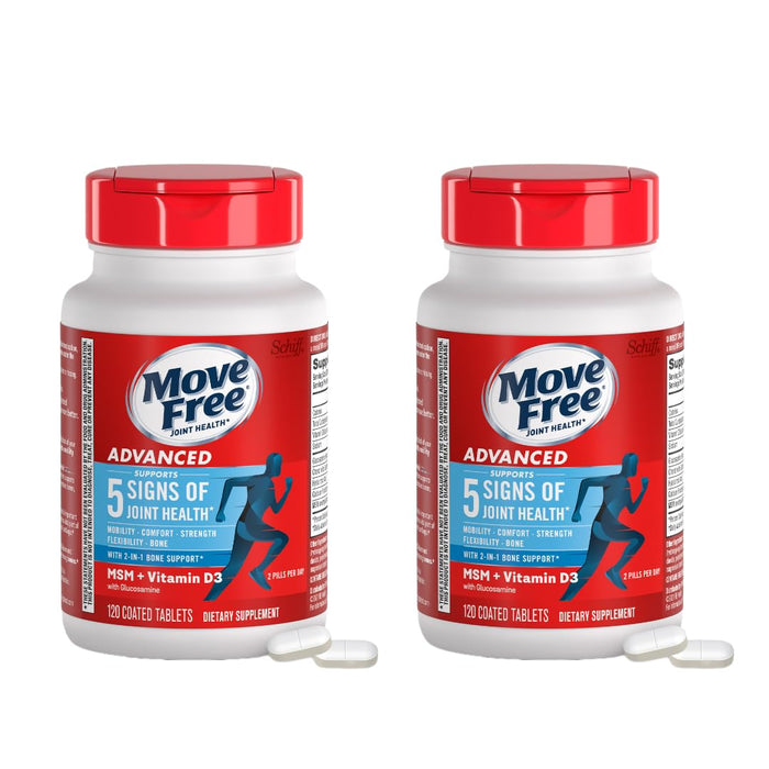Glucosamine Chondroitin MSM & Vitamin D3 Joint Health Supplement, Move Free Advanced Joint Support Tablets for Men & Women (120ct), with Vitamin D3 to Support Bone & Immune Health (Pack of 2)