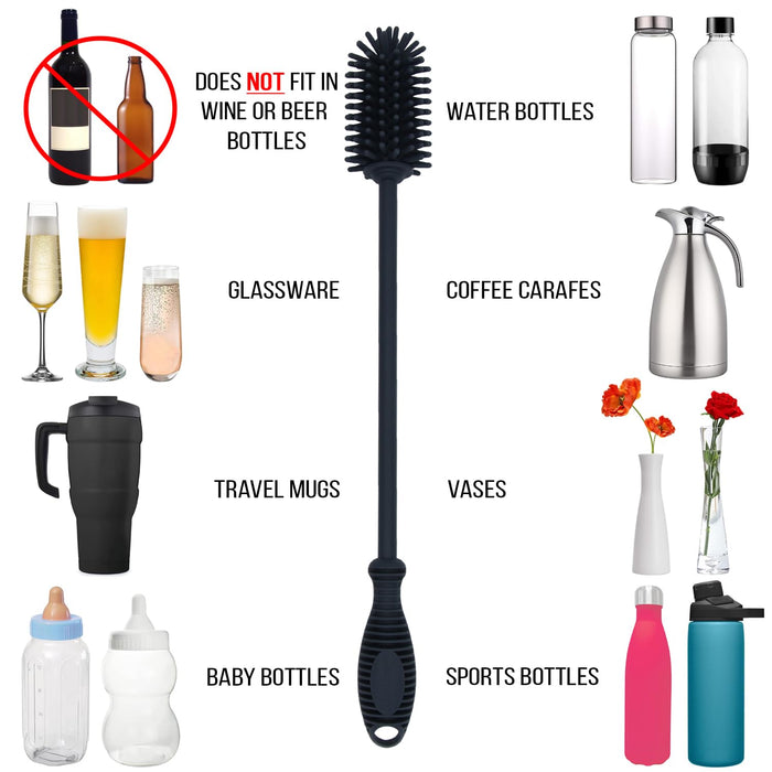 Kitchiny 12.5" Silicone Bottle Brush and Straw Cleaner Brush Set | Bottle Cleaner Brush for Hydroflasks, Insulated Sports Bottles, Straws | Water Bottle Brush Cleaner for narrow neck containers