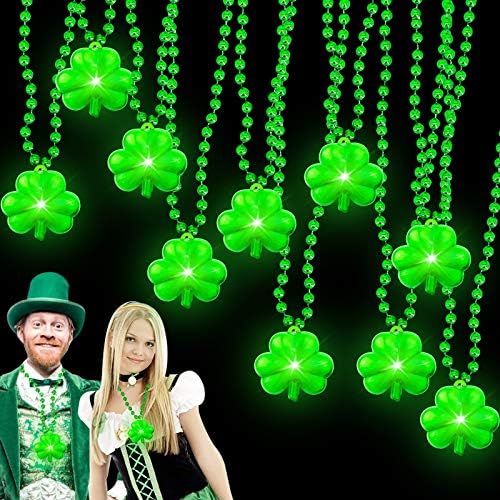 TURNMEON 10 Pack St.Patrick's Day Light up Shamrocks Necklaces Accessories Metallic Green Beads Necklace Irish St. Patrick's Day Party Favors Supplies Dressing-up Costume for Women Men