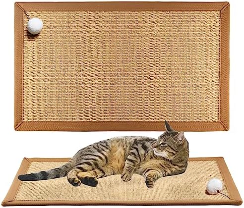 Cat Scratching Mat Hanging Toy Ball with Bell, 23.6x16.1 Sisal Cat Scratcher Mat with Latex Back & Cotton Borde,Horizontal Cat Scratchers Protect Carpets & Sofa (Beige with Cotton Border)