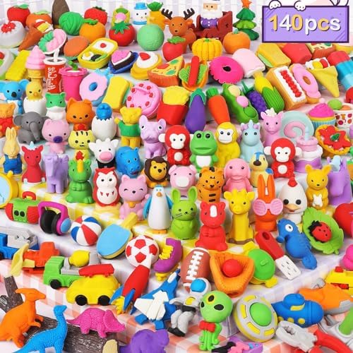 Arscniek 140 Pack Animal Erasers for Kids Bulk, Cute Desk Pets Treasure Box Toys for Classroom Prizes Rewards, Mini Pencil Erasers Take Apart Erasers Back to School Supplies for Boys Girls
