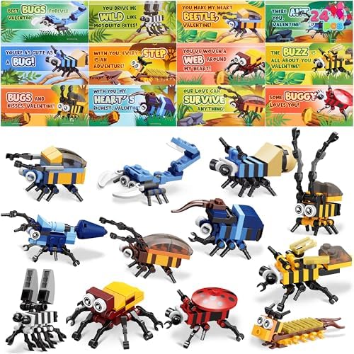 JOYIN 24 Packs Valentines Day Cards with Building Block for Valentine Party Gifts, Kids Classroom Exchange, Prize Supplies, School Rewards, Valentine's Day Gift Cards for Kids