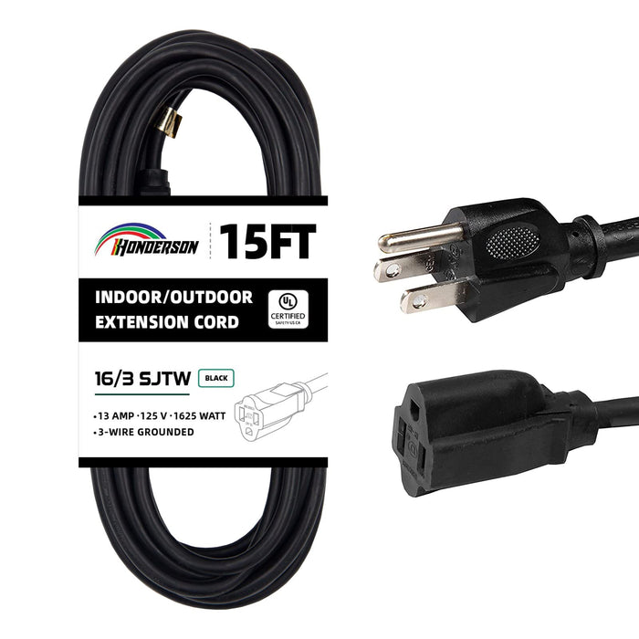 HONDERSON 15FT Outdoor Extension Cord-16/3 SJTW Durable Black Extension Cable with 3 Prong Grounded Plug for Safety,Great for Outside Christmas Decorations