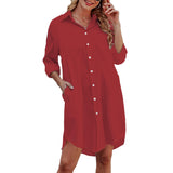 atavant Long Sleeve Dress for Women, Casual Button Down Shirts for Women, Fall Blouse for Women with 2 Side Pockets(Red,L)