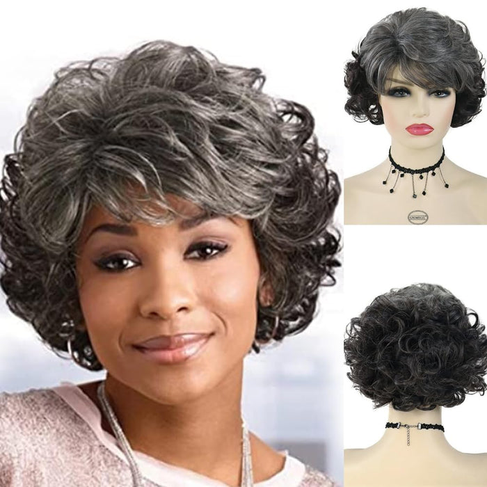 GNIMEGIL Grey Short Curly Wigs for Black Women Soft Synthetic Granny Hair Replacement Full Wigs for Daily Party Use Mommy Old Lady Wig Elderly Realistic