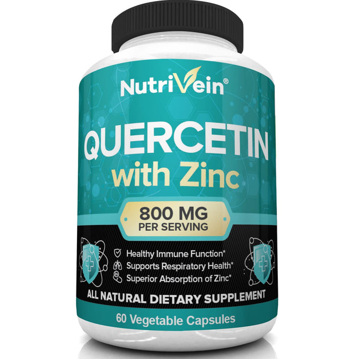 Nutrivein Quercetin 800mg with Zinc - Plant Pigment Flavonoid - Immune System Booster - 30 Day Supply (60 Capsules, 2 Daily)