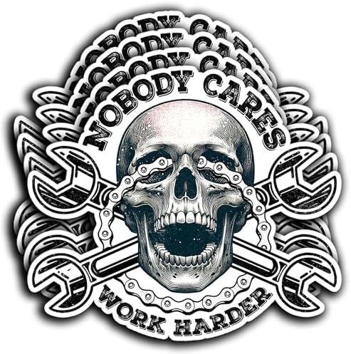 Pack 4PCS Nobody Cares Work Harder Stickers Skull Mechanic Engineer Waterproof Vinyl Decals Decor Water Bottle Laptop Phone Tumbler Hard Hat Helmet Toolbox Window Car Truck Gift