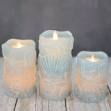 Silverstro Ocean Flameless Candles Remote: Carved Seashell Real Wax Flicker Battery Operated Candles for Home Party Wedding Christmas Nautical Summer Decor - Set of 3(Blue)