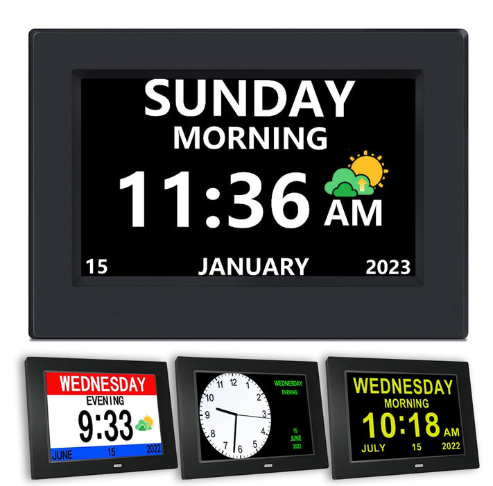 AINFTIME Digital Clock with Date and Day of Week for Elderly-12 Alarms Medication Reminder Dementia Alzheimers Clock Calendar with Extra Large Display (7 inch Black)