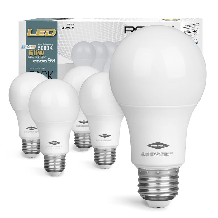 Regal LED A19 Light Bulb 5000K Daylight 800-Lumen, 9-Watt (60-Watt Equivalent), E26 Base, 5000 Kelvin, Day Light, 5-Pack, Non-Dimmable