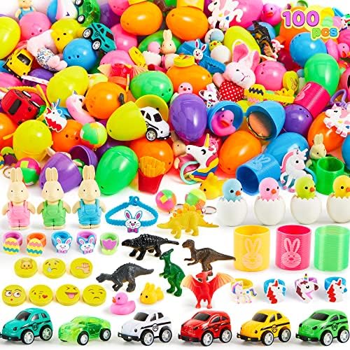JOYIN 100 Pcs Prefilled Easter Eggs with Toys Plus Stickers, Filled with Toys Party Favors for Kids Boys Girls Easter Eggs Hunt, Basket Stuffers Fillers, Classroom Prize Supplies