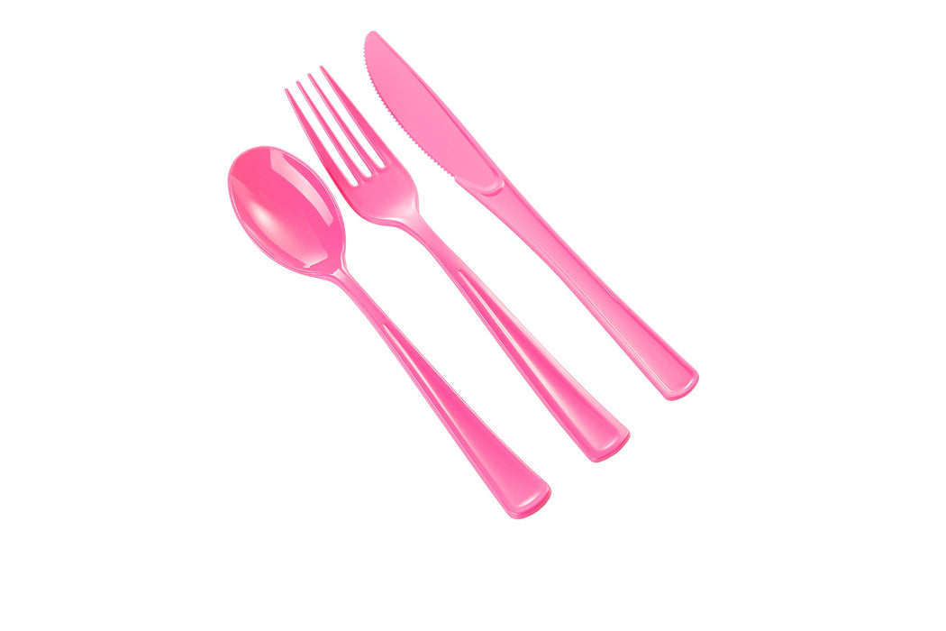 350 Pcs Plastic Dinnerware Set Includes 50 Of Each 9" Cerise Plastic Dinner Plates | 7" Plastic Dessert Plates | 12 oz Plastic Cups | Cerise Napkins | Plastic Spoons, Forks & Knives Exquisite