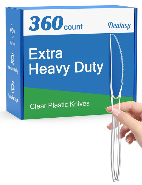 Dealusy 360 Count Extra Heavy Duty Clear Plastic Knives Disposable, BPA-Free, Heat Resistant, Solid and Durable Disposable Knives Bulk, Premium Plastic Knives heavy duty for Party Supply