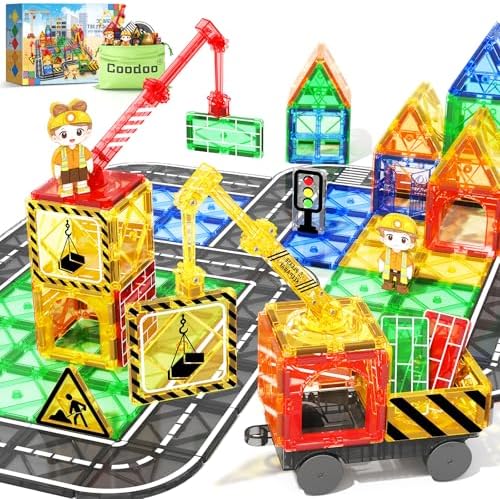Kids Games Magnetic Tiles with 2 Cranes Construction Toys Set Sensory Toys for Boys Girls Ages 3-6 5-7 8-13, Gifts for 3+ Year Old Boys Girls Toddler Outdoor Kids Toys with Car