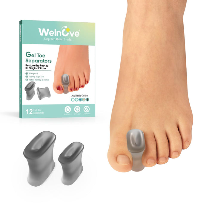 Welnove 12-Pack Gel Toe Separators – Bunion Pads – Toe Spacers for Straightening Overlapping Toes for Men and Women - Transparent Black