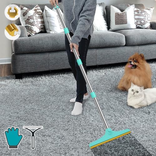 B-Land Carpet Rake for Pet Hair Removal, Reusable Pet Hair Remover with 60” Adjustable Long Handle, Carpet Scraper Dog Cat Hair Remover Tool for Rugs, Mats, Couch, Furniture Blue