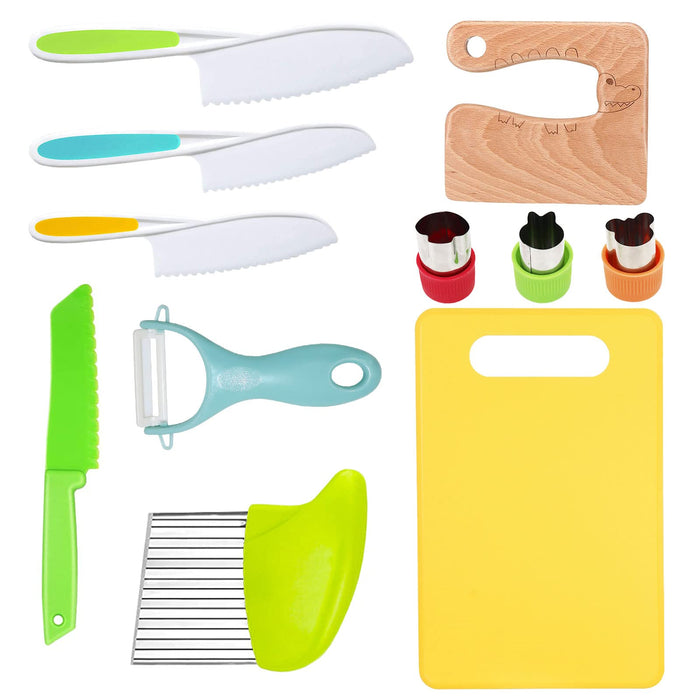 RISICULIS 11 Pieces Wooden Kids Kitchen Knife, Kids Knife Set Include Wood Kids Knife, Serrated Edges Plastic Toddler Knife, Crinkle Cutter, Sandwich Cutter, Y Peeler, Cutting Board