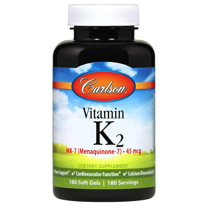 Carlson - Vitamin K2 MK-7 (Menaquinone), 45 mcg, Bone Support, Calcium Bioavailability, K2 Vitamin, Vitamin K-2, 180 Softgels