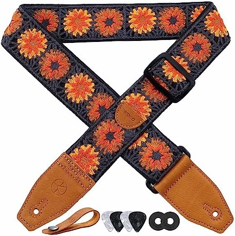 Guitar Strap 2 inch Floral Cotton Guitar Straps with Full Grain Leather End, for Bass, Electric and Acoustic Guitars, Free Strap Button, Strap Locks and Guitar Picks